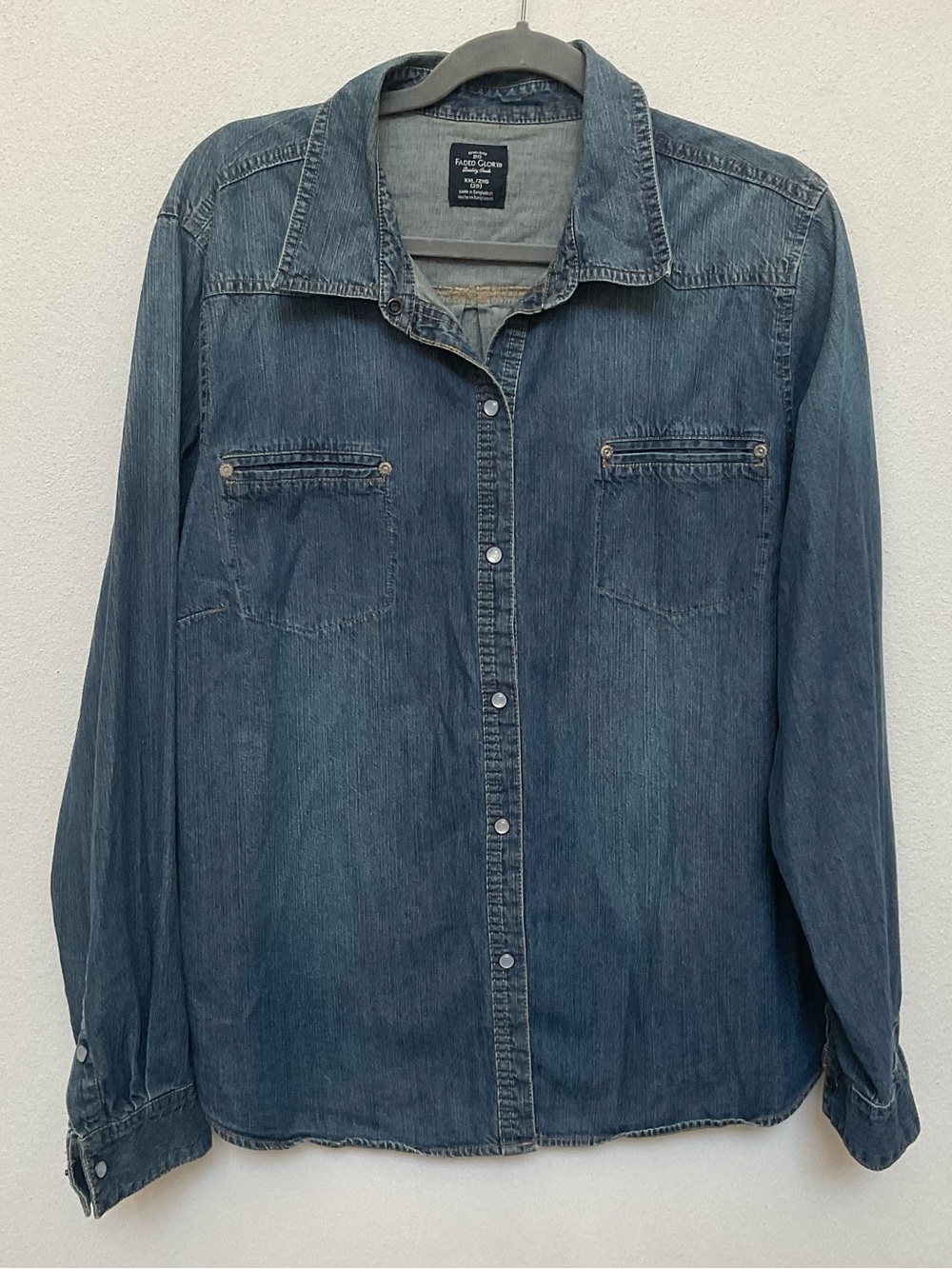 Faded Glory Mid Wash Denim Pearl Snap Long Sleeve Button Down Top Size XXL